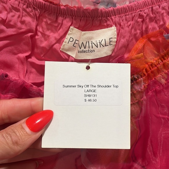 NWT summer sky off the shoulder top Sheer organza Hot Pink Floral Puff Sleeve L - Picture 5 of 10